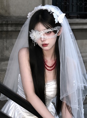 哥特风白色爱心蕾丝眼罩万圣节暗黑搞怪cos修女配饰洛丽塔饰品