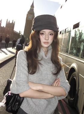 韩系灰色系毛呢马术帽女2026秋季百搭纯色平顶帽显脸小高质感帽子