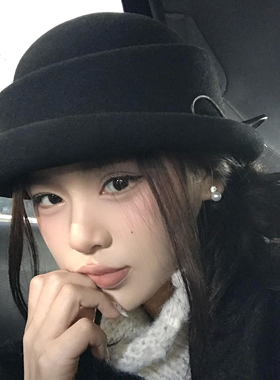 复古北国黑色卷边羊毛礼帽女法式赫本风名媛留洋大小姐千金帽秋冬