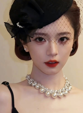 法式氛围感夸张镶钻珍珠项链女ins多层设计新娘礼服choker锁骨链