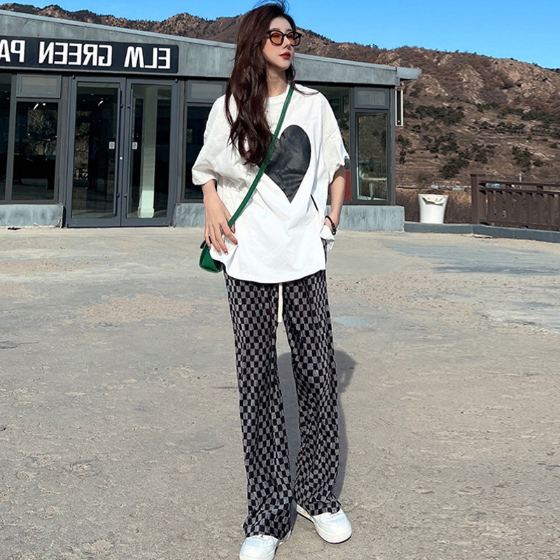 孕妇套装夏季外出韩版短袖t恤上衣夏装宽松薄款格子阔腿裤两件套