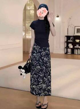 夏季新款碎花显瘦开叉大花半身裙子时尚洋气松紧高腰休闲中长裙女