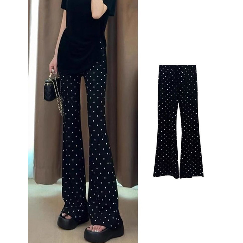黑色波点印花直筒休闲裤子女春夏新款薄款高腰弹力显瘦微喇叭长裤,女装/女士精品,休闲裤,淘宝优惠券,粉丝福利购,淘宝优惠卷