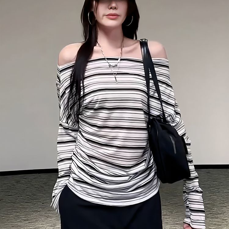 韩系一字领条纹德绒长袖t恤秋冬季新款慵懒露肩简单大方气质上衣