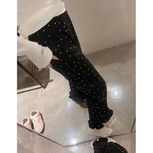 韩国东大门春夏新款波点裤脚花边设计直筒阔腿百搭显瘦休闲九分裤
