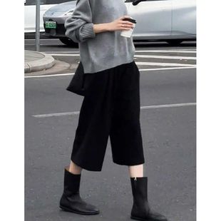 春夏新款小众黑色七分直筒裤子女松紧高腰松弛腔调宽松休闲阔腿裤