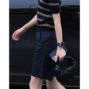 藏青色休闲短裤女夏季新款松紧高腰显瘦宽松薄款百搭阔腿五分中裤