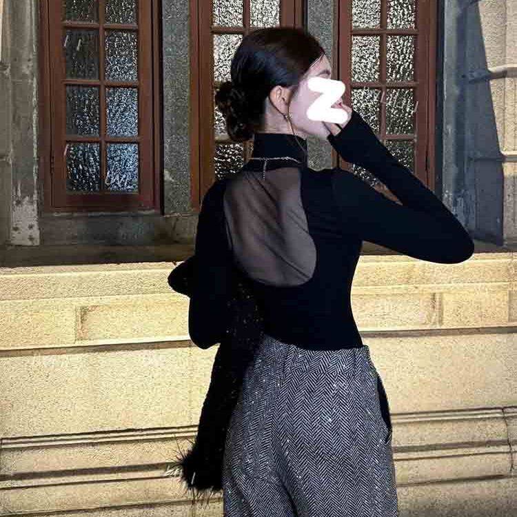 韩系高领拼接网纱德绒长袖T恤女秋冬季性感露背显瘦打底别致上衣