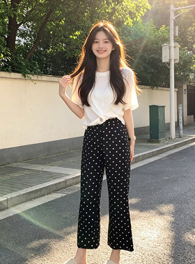 设计感黑色印花波点九分喇叭裤女2026夏季新款老钱风显瘦微喇裤
