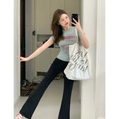 复古黑色高腰弹力显瘦微喇裤 女春夏薄款 小个子窄版 美式 直筒长裤 子