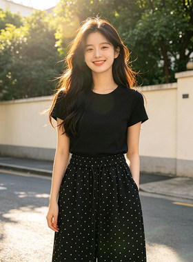2026超火巨好看裤子女夏薄款黑色波点裤九分阔腿裤抽绳宽松休闲裤