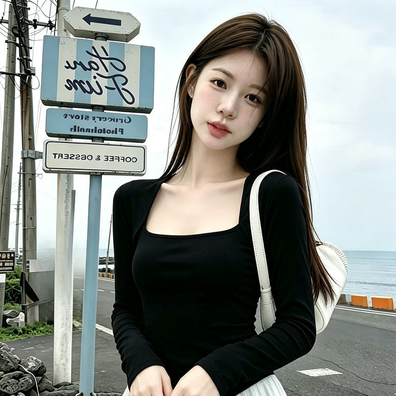 纯欲风简约方领德绒T恤女装2026秋冬新款修身显瘦内搭打底衫上衣