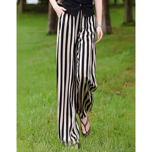 大码黑杏竖条纹阔腿裤女春夏薄款裤子高腰显瘦垂感休闲直筒长裤潮