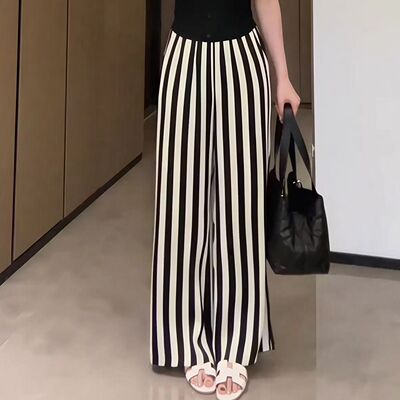 时尚通勤条纹阔腿裤女春夏新款高腰宽松显瘦设计感气质直筒长裤子