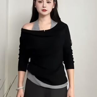 黑色一字肩挂脖假两件德绒T恤女装上衣冬季显瘦超好看长袖打底衫