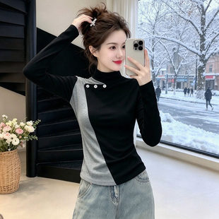 秋冬新款德绒内搭半高领长袖T恤女装拼接撞色修身显瘦打底衫上衣