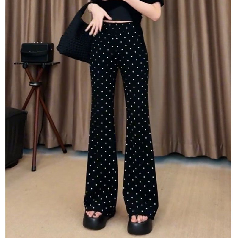 黑色波点印花直筒休闲裤子女春夏新款薄款高腰弹力显瘦微喇叭长裤,女装/女士精品,休闲裤,淘宝优惠券,粉丝福利购,淘宝优惠卷