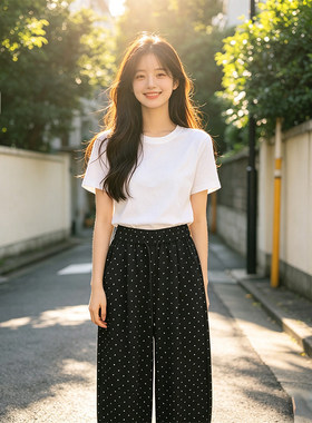 2026超火巨好看裤子女夏新款黑色波点裤九分阔腿裤抽绳宽松休闲裤