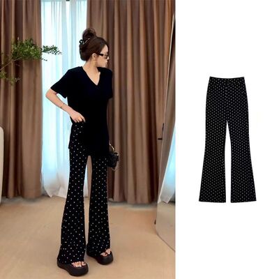 黑色波点微喇叭休闲运动裤子女春夏新薄款小个子高腰弹力马蹄裤女