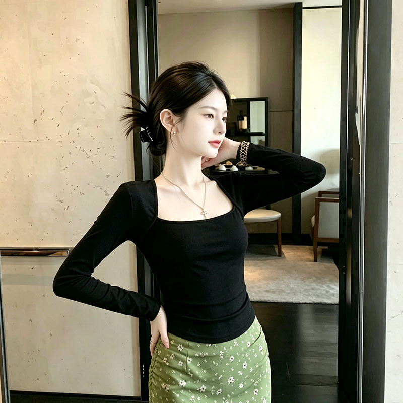 高级感慵懒风德绒T恤女秋冬新款纯色简约款大领口设计假两件上衣