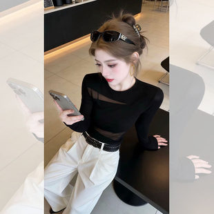 美式辣妹风网纱透视长袖黑色T恤女秋季新款修身显瘦百搭休闲上衣