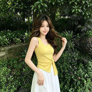 多巴胺黄色绑带背心吊带女夏季薄款收腰显瘦小个子穿搭休闲上衣衫