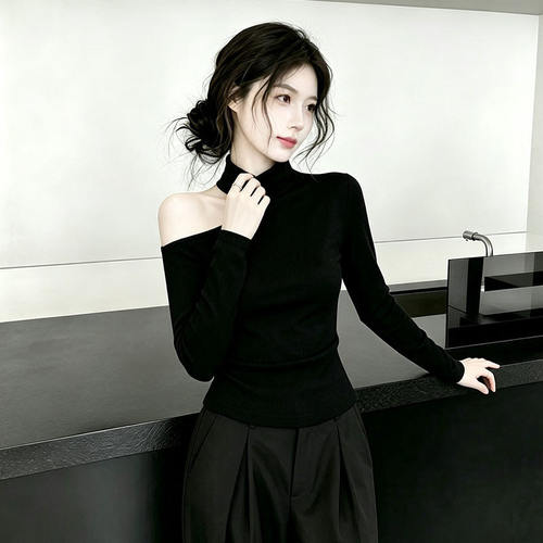 今年流行爆款不规则斜肩长袖T恤女秋冬新款气质显瘦内搭德绒上衣
