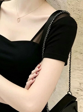 简约黑色网纱拼接方领短袖T恤女夏季新款洋气减龄显瘦上衣高级感