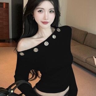 气质别致时尚一字领德绒长袖t恤秋冬新款小众设计感镂空修身上衣
