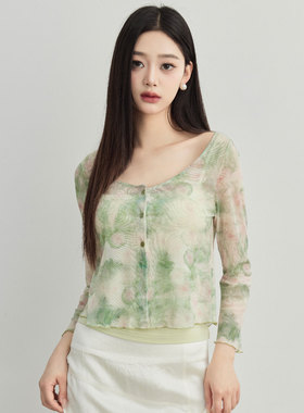 YANN M原创设计绿色印花网纱七分袖圆领两件套防晒衣开衫清新女夏