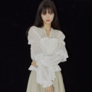 鱼骨腰身显瘦绑带花边上衣女 Yann M原创设计 白色泡泡袖 雪纺衬衫