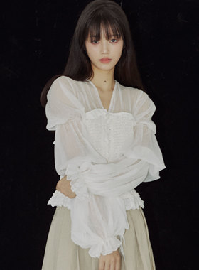 Yann M原创设计 白色泡泡袖雪纺衬衫鱼骨腰身显瘦绑带花边上衣女