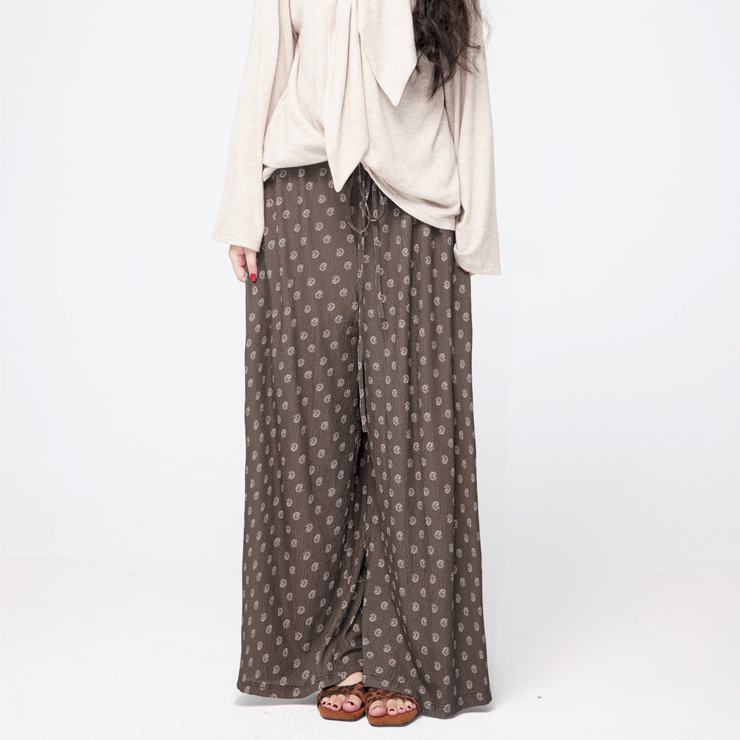 YANN M原创设计棕色印花超大裤腿腿抽绳松紧腰头休闲松弛感阔腿裤,女装/女士精品,休闲裤,淘宝优惠券,粉丝福利购,淘宝优惠卷