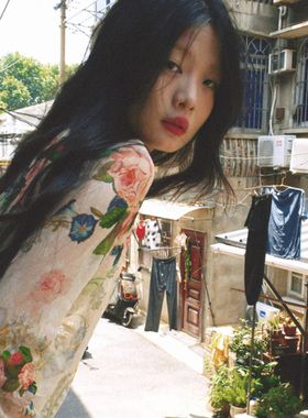 YANN M原创设计米色蚕丝网眼开衫复古印花休闲防衫罩衫田园文艺女