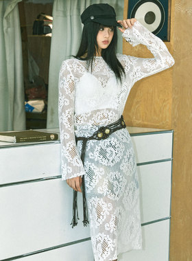 Yann M原创设计米色蕾丝棉感直筒镂空连衣裙长袖开衩显瘦叠搭长裙