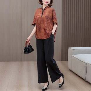 气质妈妈洋气新中式复古夏装套装女中老年宽松仿香云纱上衣两件套