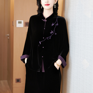 金丝绒柔软新中式外套盘扣刺绣国风女装改良唐装妈妈立领上衣秋季