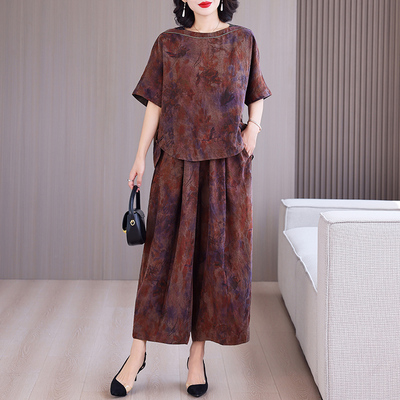 中年妈妈仿香云纱宽松透气女套装