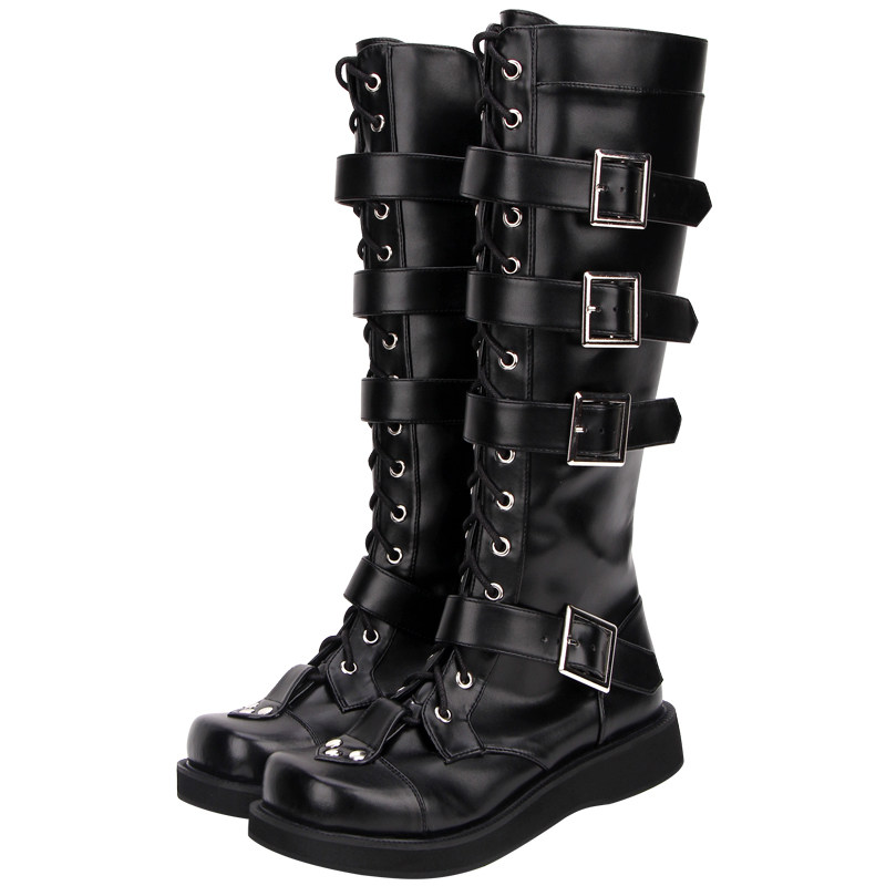 CUSTOMIZED NEW BOOTS LOLITA PUNK BOOTS LOW-HEELED NEUTRAL SQUARE BUCKLE LACE ZIPPER MUFFIN HIGH BOOTS 9708