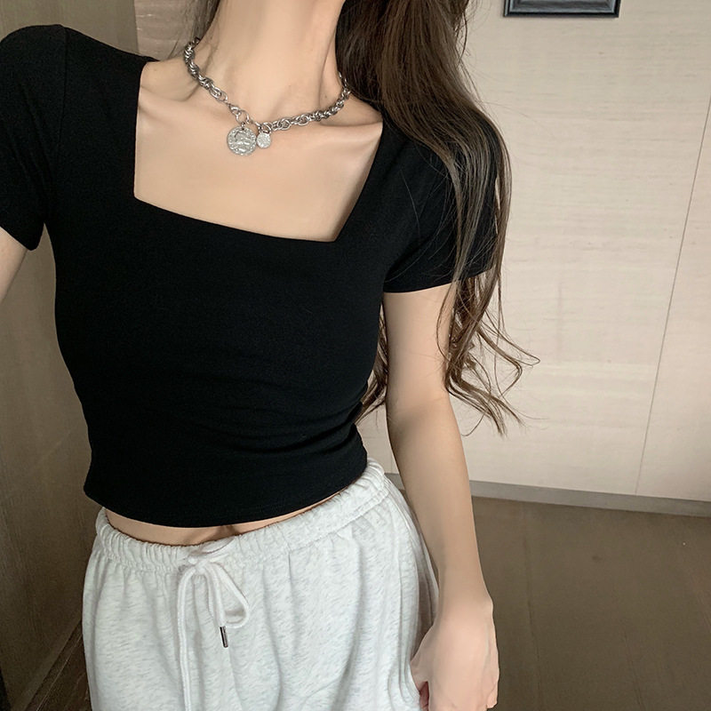 紧身白色方领长袖T恤打底衫女秋季新款修身显瘦辣妹短款露脐上衣