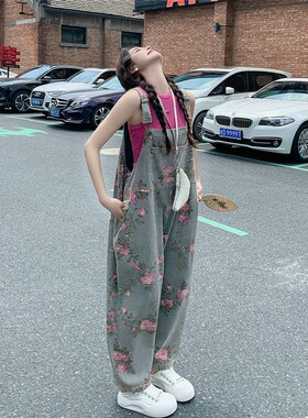 复古印花牛仔背带裤套装女夏季新款今年流行设计感减龄宽松阔腿裤