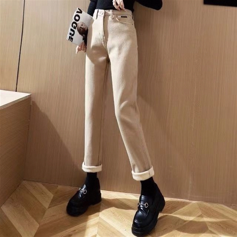 加绒牛仔裤女直筒宽松2025年新款秋冬高腰显瘦米白色加厚烟管裤子