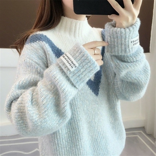 加绒/不加绒 秋冬季套头半高领毛线衣女新款韩版宽松加厚打底针织