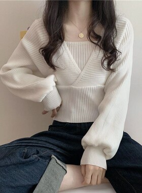 春秋新款设计感假两件方领打底衫时尚短款百搭毛衣泡泡袖针织衫女