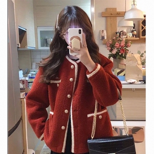 小香风红色外套女2025秋冬法式 女 高级感皮毛一体颗粒绒羊羔绒短款