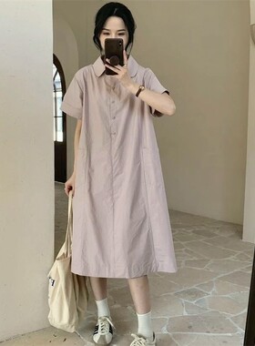新款夏日系衬衫微胖纯色显瘦连衣裙大码2026中长款女生宽松连衣裙