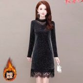打底衫 女士新款 时尚 蕾丝半高领中长款 衣服高档冬季 显瘦加绒连衣裙