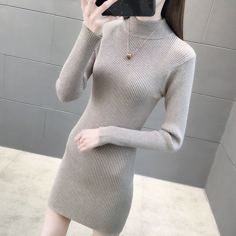 2025秋冬新款半高领毛衣女套头中长款修身显瘦加厚长袖针织打底衫