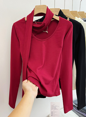 法式高级感飘带V领长袖T恤女秋季新款红色辣妹加绒保暖打底衫上衣