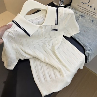 韩系学院风条纹polo领针织衫 超好看设计感软糯亲肤上衣 女夏季 新款